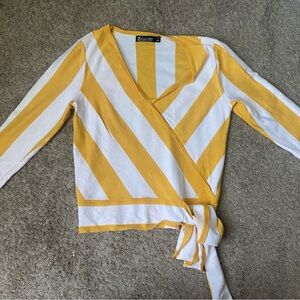 New York & Company Yellow and White V-Neck Sweater